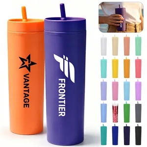 16Oz Double Wall Matte Plastic Skinny Tumbler W/ Lid&Straw