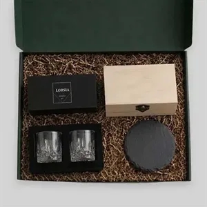 Whiskey Gift Set - Rocks Glasses, Slate Coasters & Wood Box 