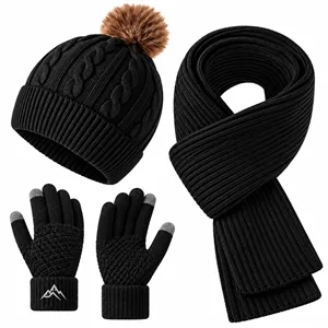 3 Piece Winter Set - Knit Pom Beanie, Scarf & Gloves