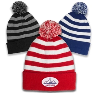 Knit Beanie PomPom w/ Two Tone Stripe | https://www.bestnamebadges.com