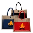 Two Tone Jute Tote Bag W/ Front Pocket & Colored Handles | https://www.bestnamebadges.com