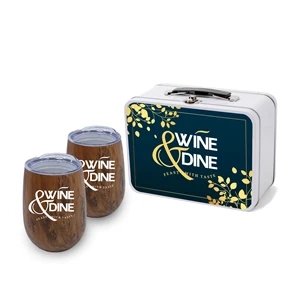 Retro Lunchbox + Double 10oz Stemless Wood Tone Wine Glass | https://www.bestnamebadges.com
