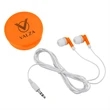 Earbuds In Round Plastic Case | https://www.bestnamebadges.com