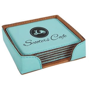 Teal Leatherette Square Coaster Set