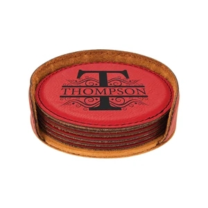 Red Leatherette Round Coaster Set