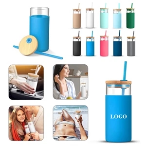 Glass Tumbler Straw Silicone Protective Sleeve Bamboo Lid