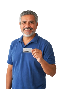 Ryan holding up a reusable Fusion name badge