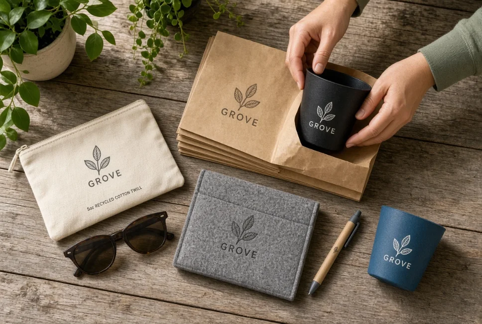 Eco-friendly promotional products, including bamboo items, recycled totes, and bottles