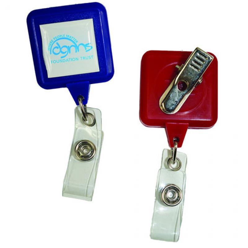 Square Badge Reel with Logo and Bulldog Clip | https://www.bestnamebadges.com