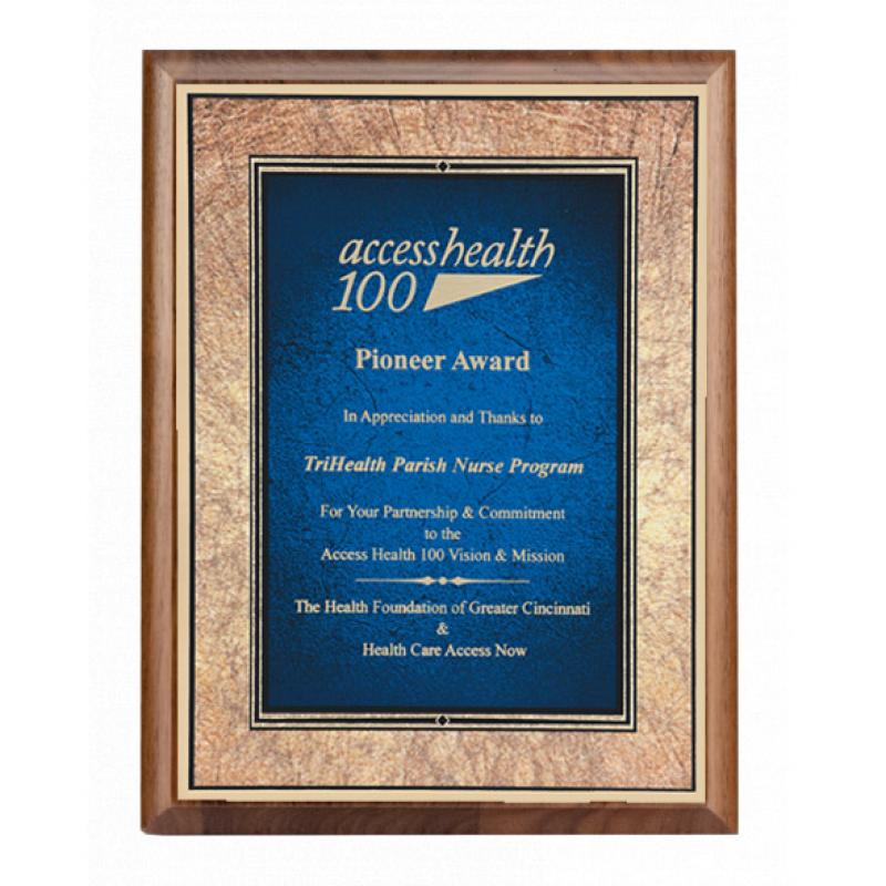 Blue and Gold Focus Brass and Walnut Plaque | https://www.bestnamebadges.com